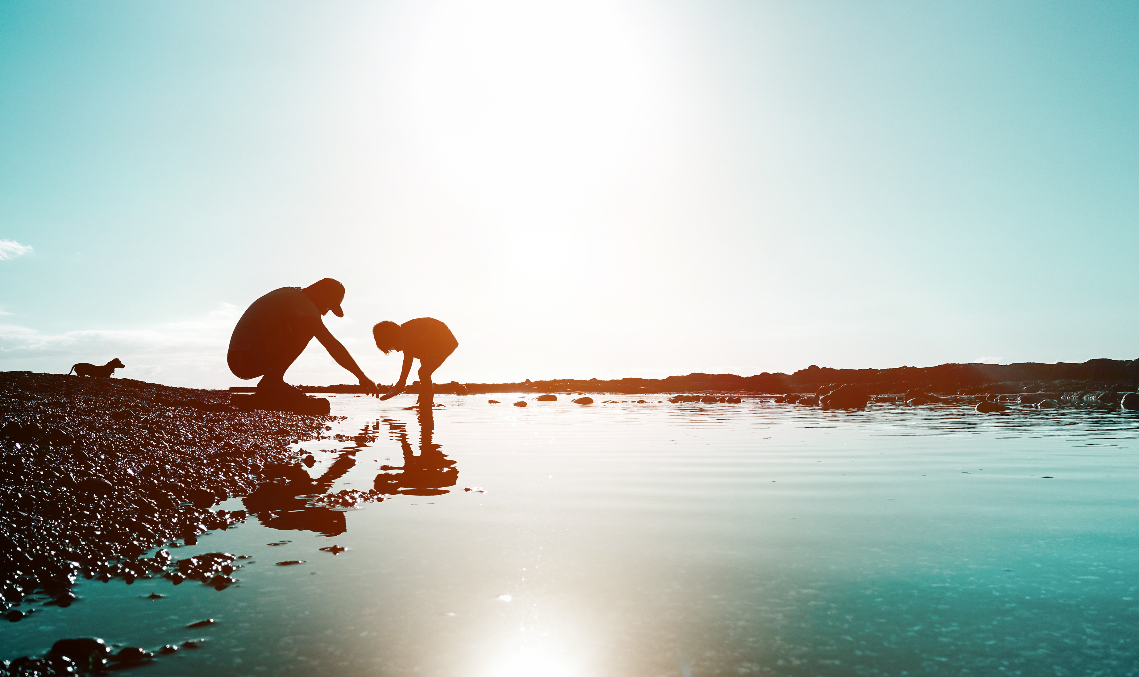 Silhouette of father and son playing at the beach at sunset.